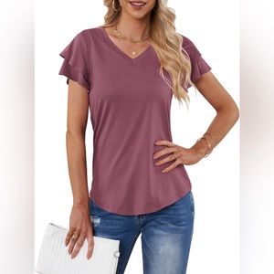 Ploknrd | Women’s V Neck Ruffle Short Sleeve Casual Mauve Blouse | Size XL | NWT